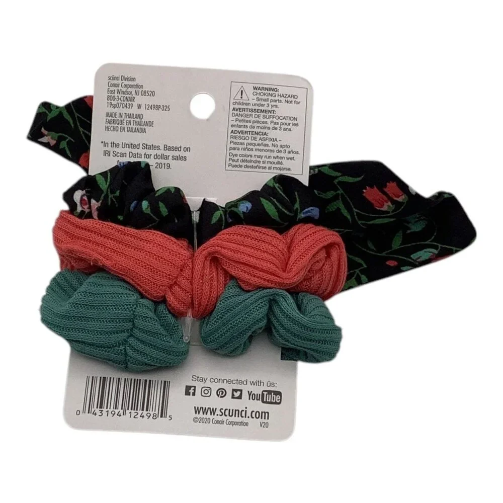 Scünci 3 Pcs‎ U Got This Hair Scrunchies W/ Floral Bow Coral & Teal Colors 12498